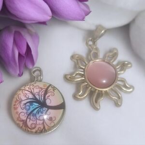 Tree Life Pendant Sun Pendant With Pink Stone Over Silver